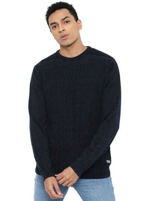 van heusen navy cotton regular fit crochet sweater