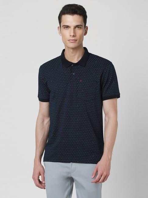 van heusen navy cotton regular fit printed polo t-shirt
