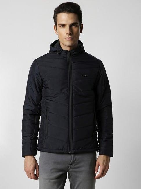 van heusen navy cotton regular fit quilted hooded jacket