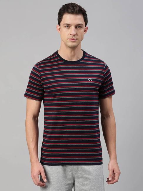 van heusen navy cotton regular fit striped t-shirt