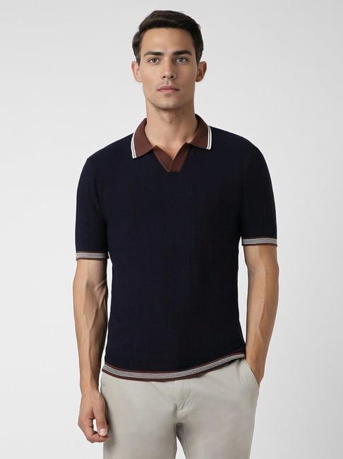 van heusen navy cotton regular fit texture polo t-shirt