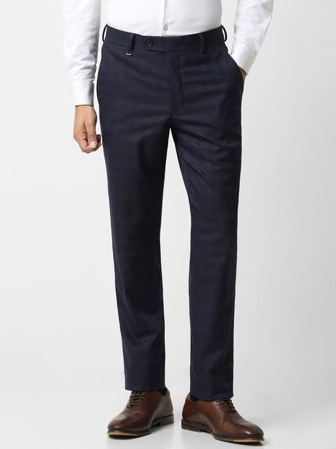 van heusen navy slim fit checks trousers