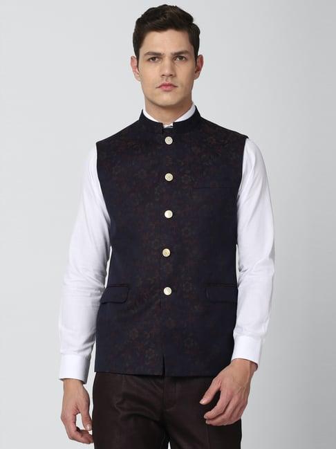 van heusen navy slim fit floral print nehru jacket