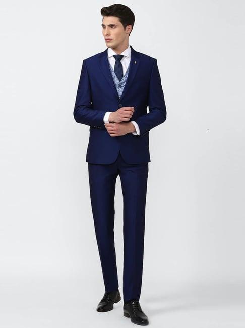 van heusen navy slim fit printed three piece suit