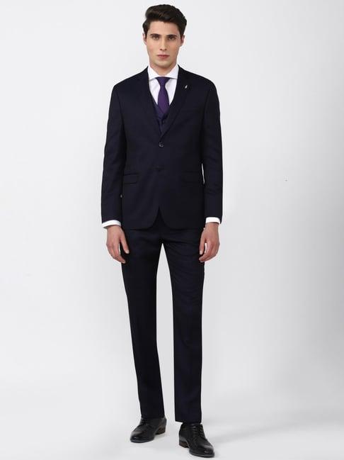 van heusen navy slim fit self pattern three piece suit