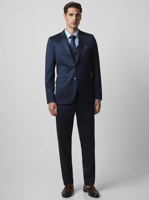 van heusen navy slim fit texture three piece suit