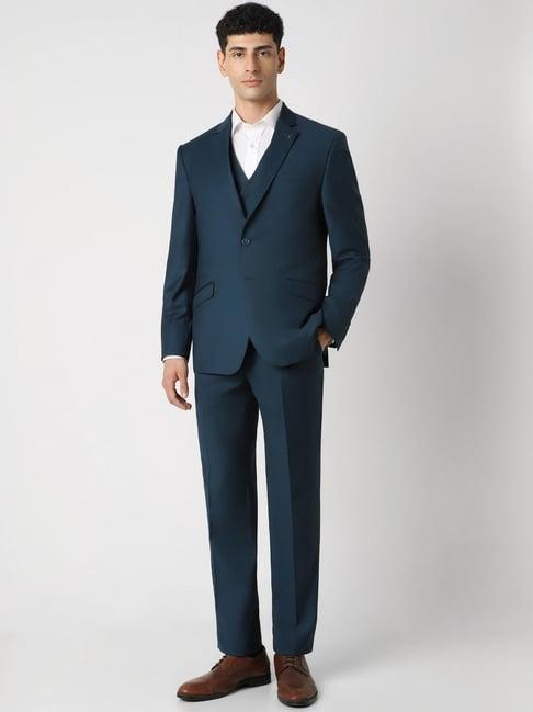 van heusen navy slim fit texture three piece suit