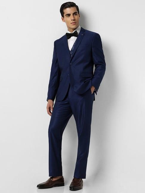 van heusen navy slim fit texture three piece suits