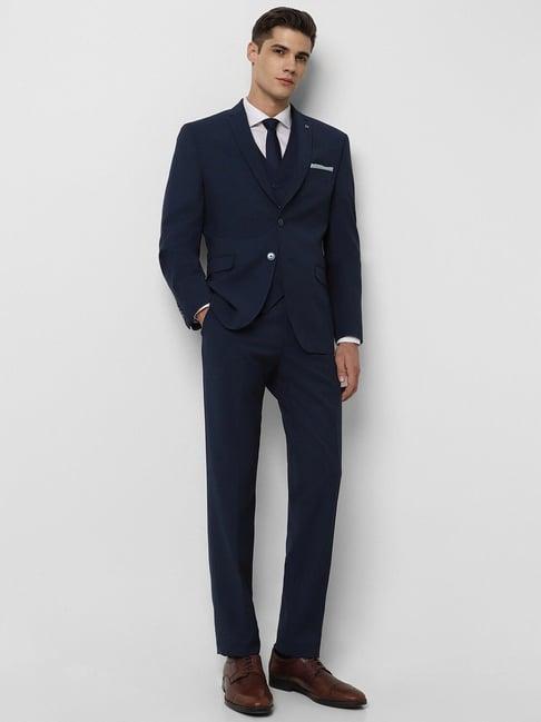 van heusen navy slim fit texture three piece suits