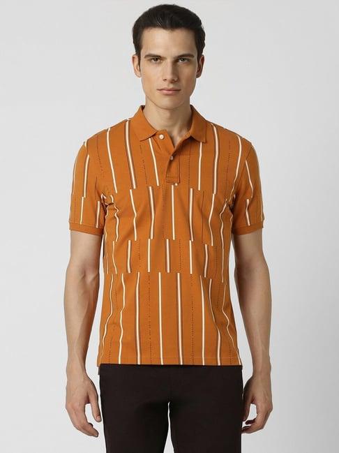 van heusen orange cotton regular fit striped polo t-shirt