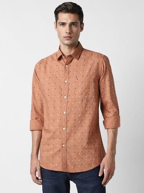 van heusen peach cotton slim fit printed shirt