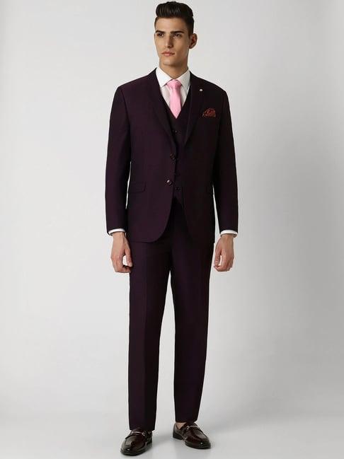 van heusen purple slim fit self pattern three piece suit