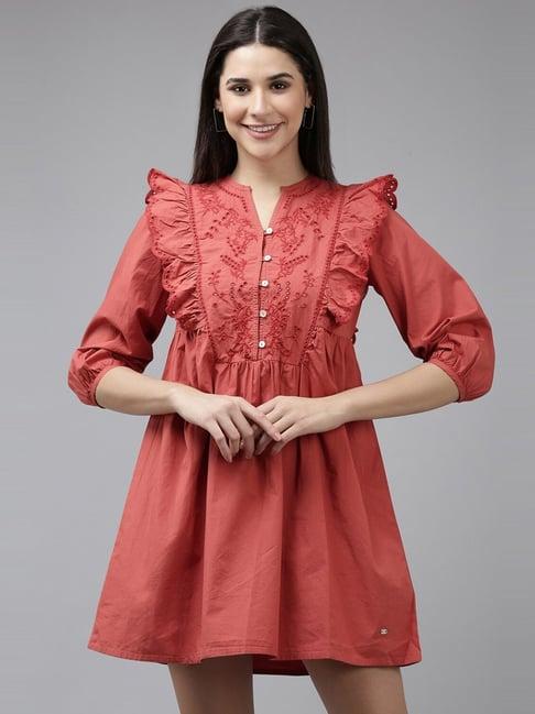 van heusen red cotton self pattern a-line dress