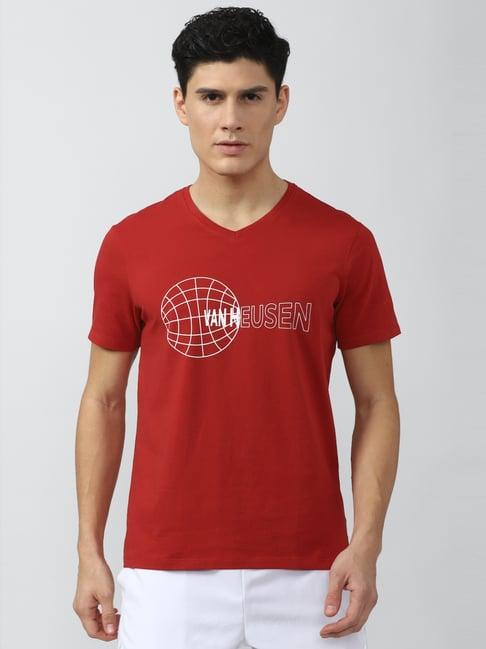 van heusen red cotton slim fit printed t-shirt