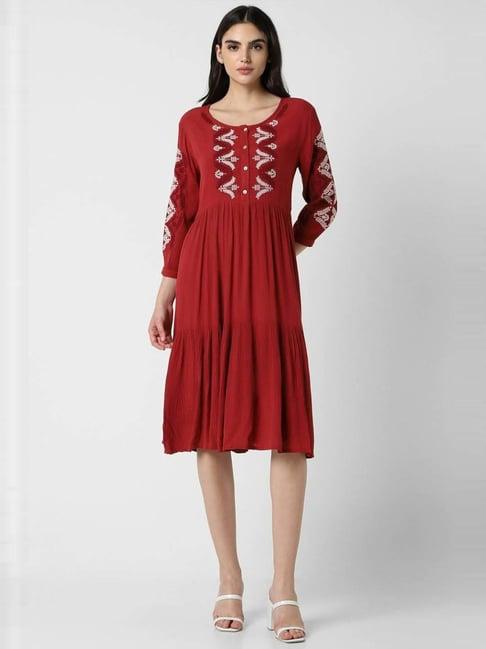 van heusen red embroidered a-line dress