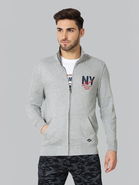 van heusen regular fit zip front full sleeve solid sweatshirt - grey melange