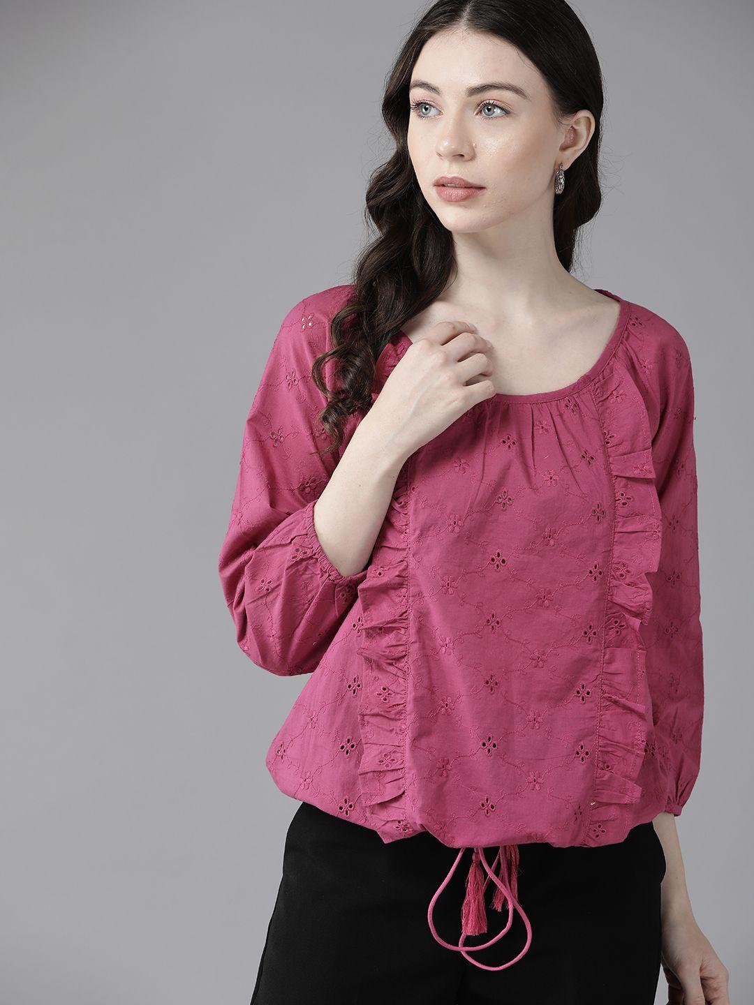 van heusen schiffli embroidered puff sleeve ruffles cotton blouson top