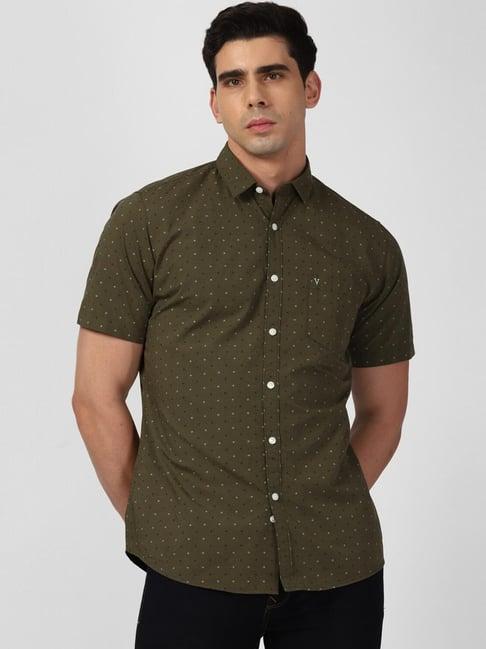 van heusen sport green cotton regular fit printed shirts