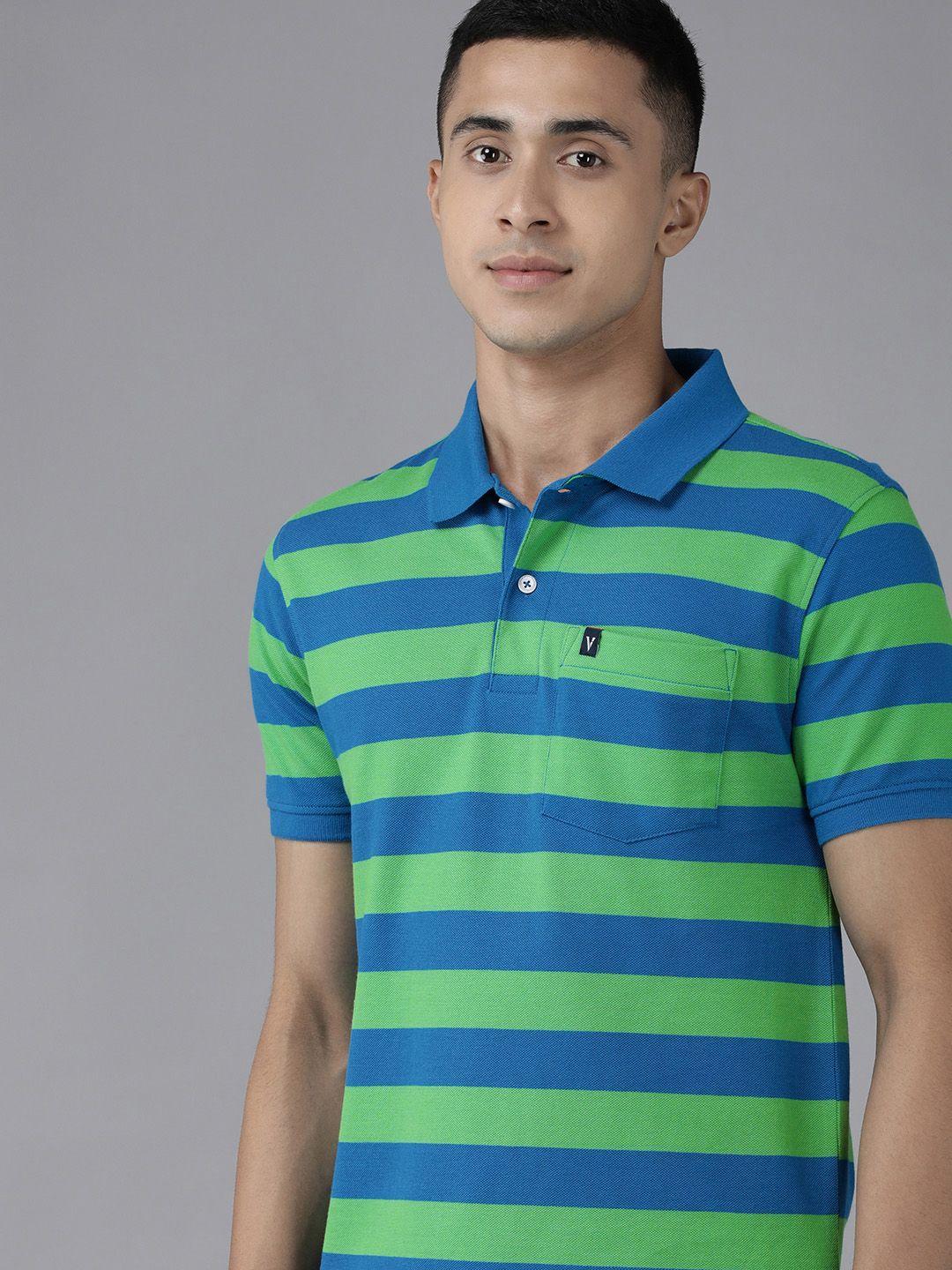 van heusen sport men blue & green striped pure cotton polo collar t-shirt