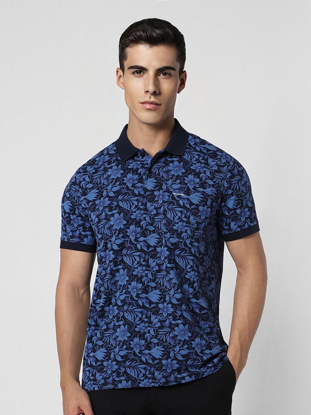 van heusen sport men blue floral printed polo collar pockets t-shirt