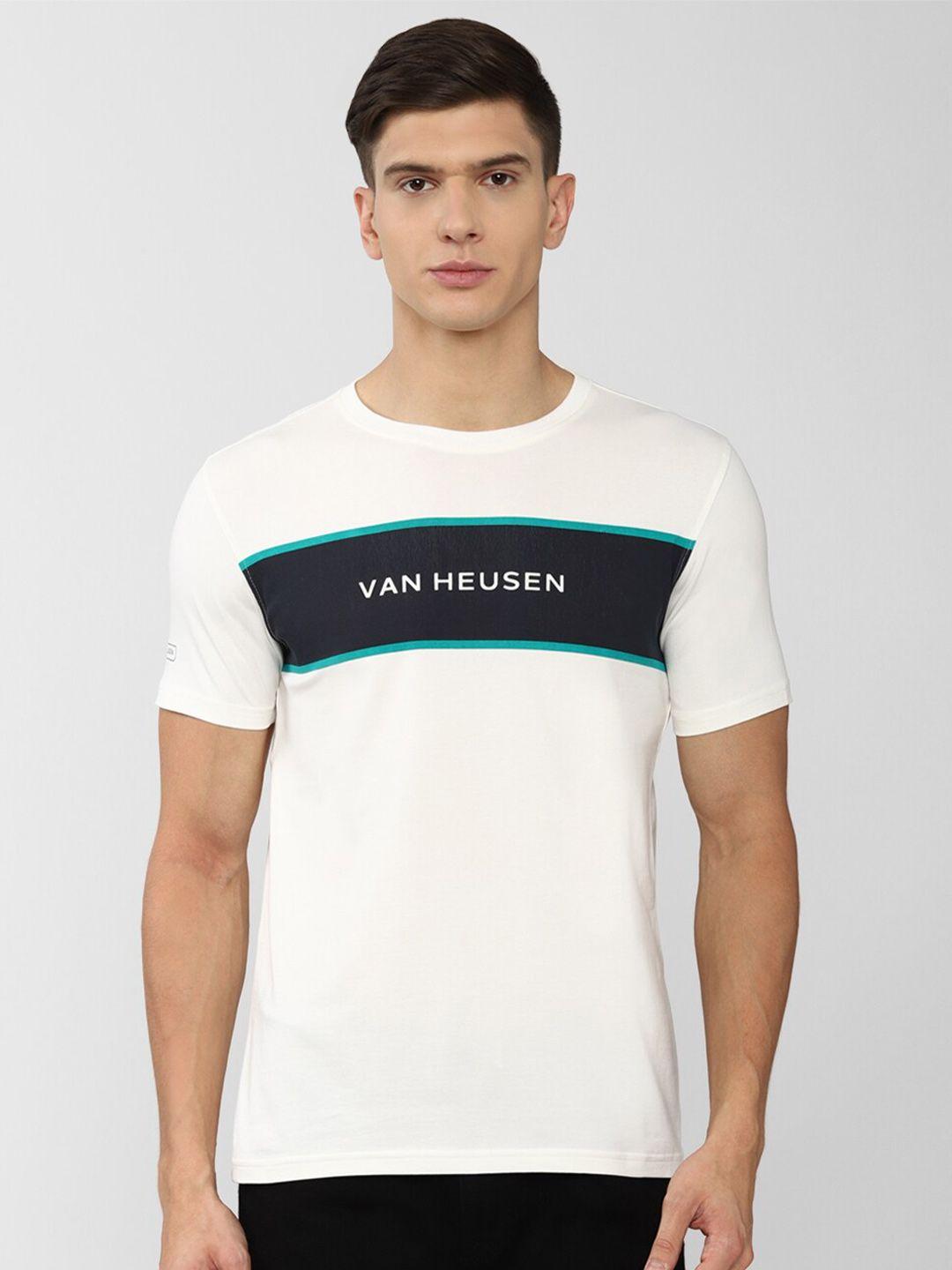 van heusen sport men cream-coloured typography applique t-shirt