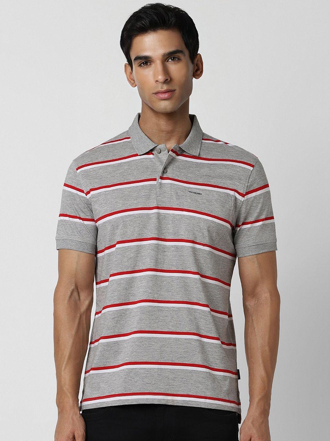 van heusen sport men grey striped polo collar pockets t-shirt