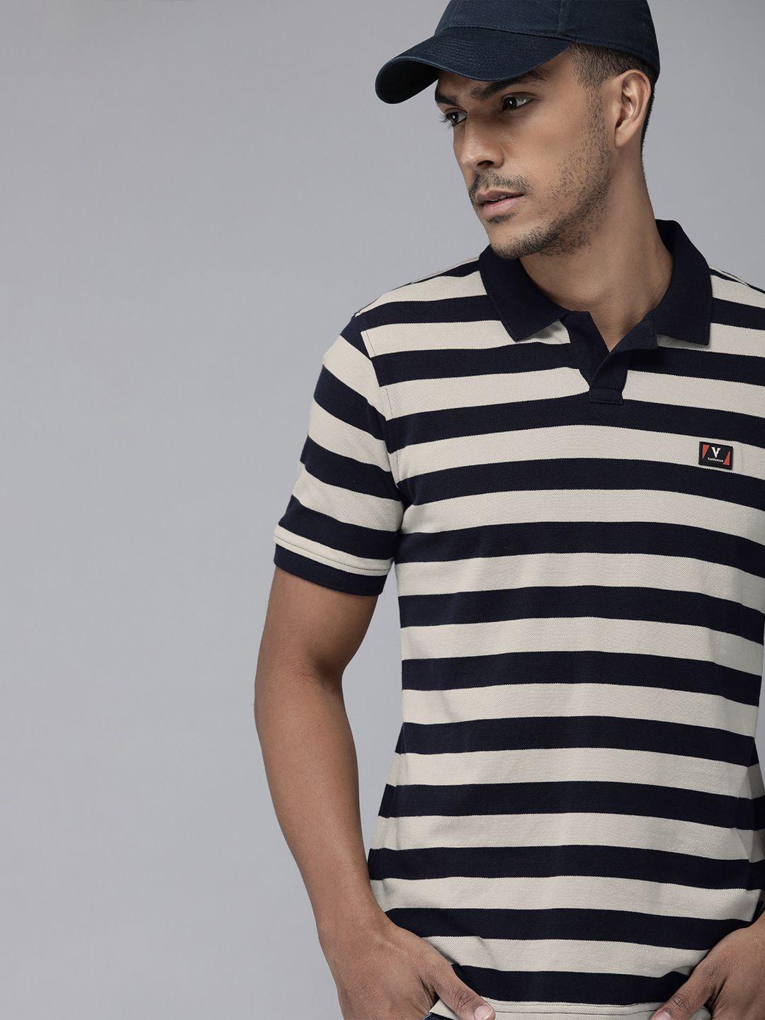 van heusen sport men navy blue & beige striped polo collar pure cotton t-shirt
