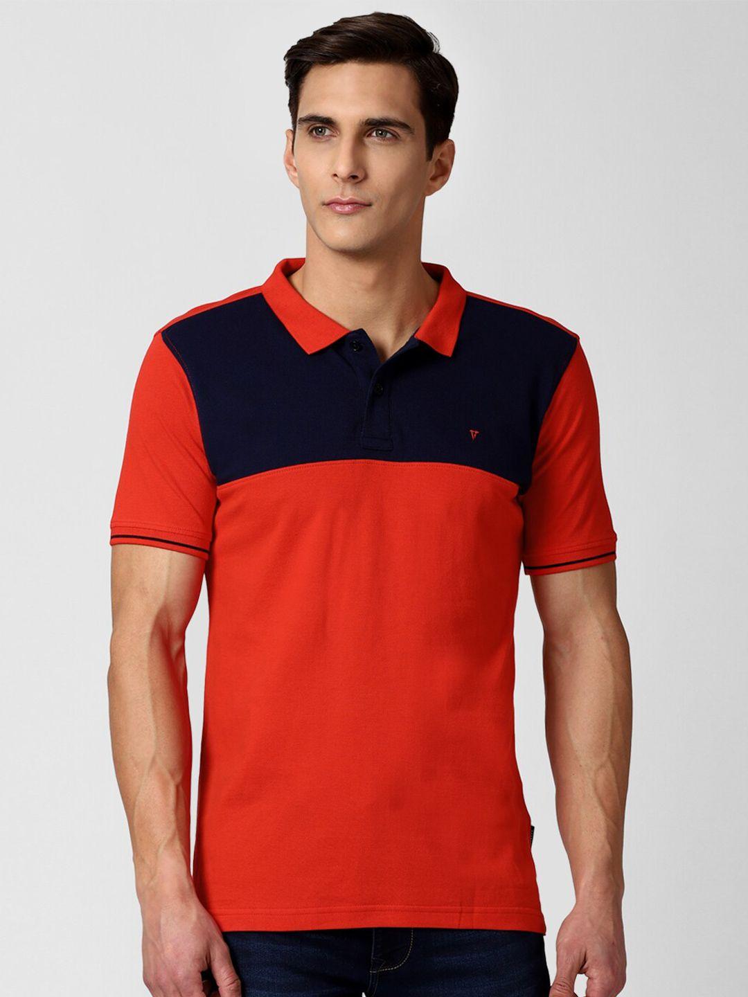 van heusen sport men orange & blue colourblocked polo collar t-shirt
