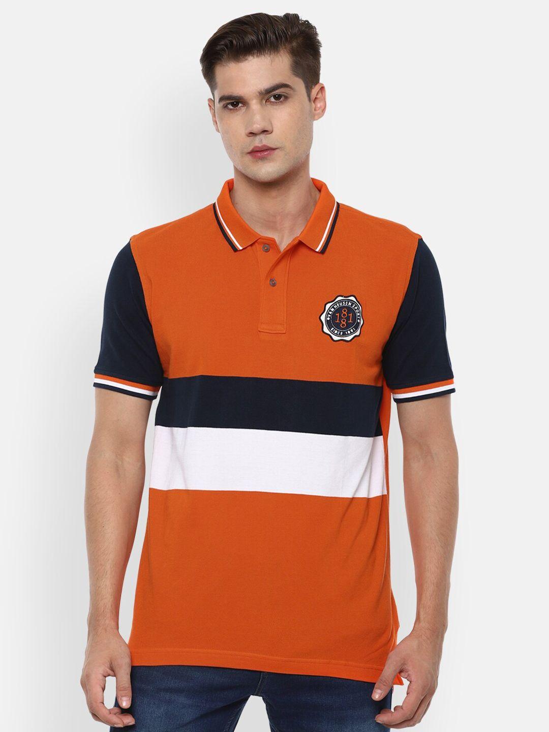 van heusen sport men orange & navy blue colourblocked cotton polo collar applique t-shirt