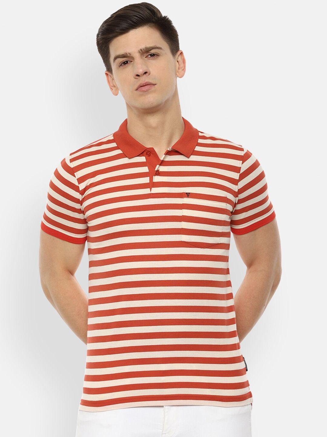 van heusen sport men orange & off-white striped polo collar t-shirt