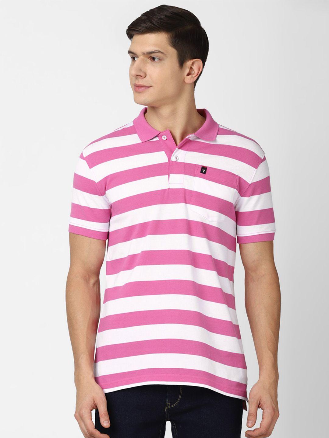 van heusen sport men pink & white striped cotton polo collar t-shirt