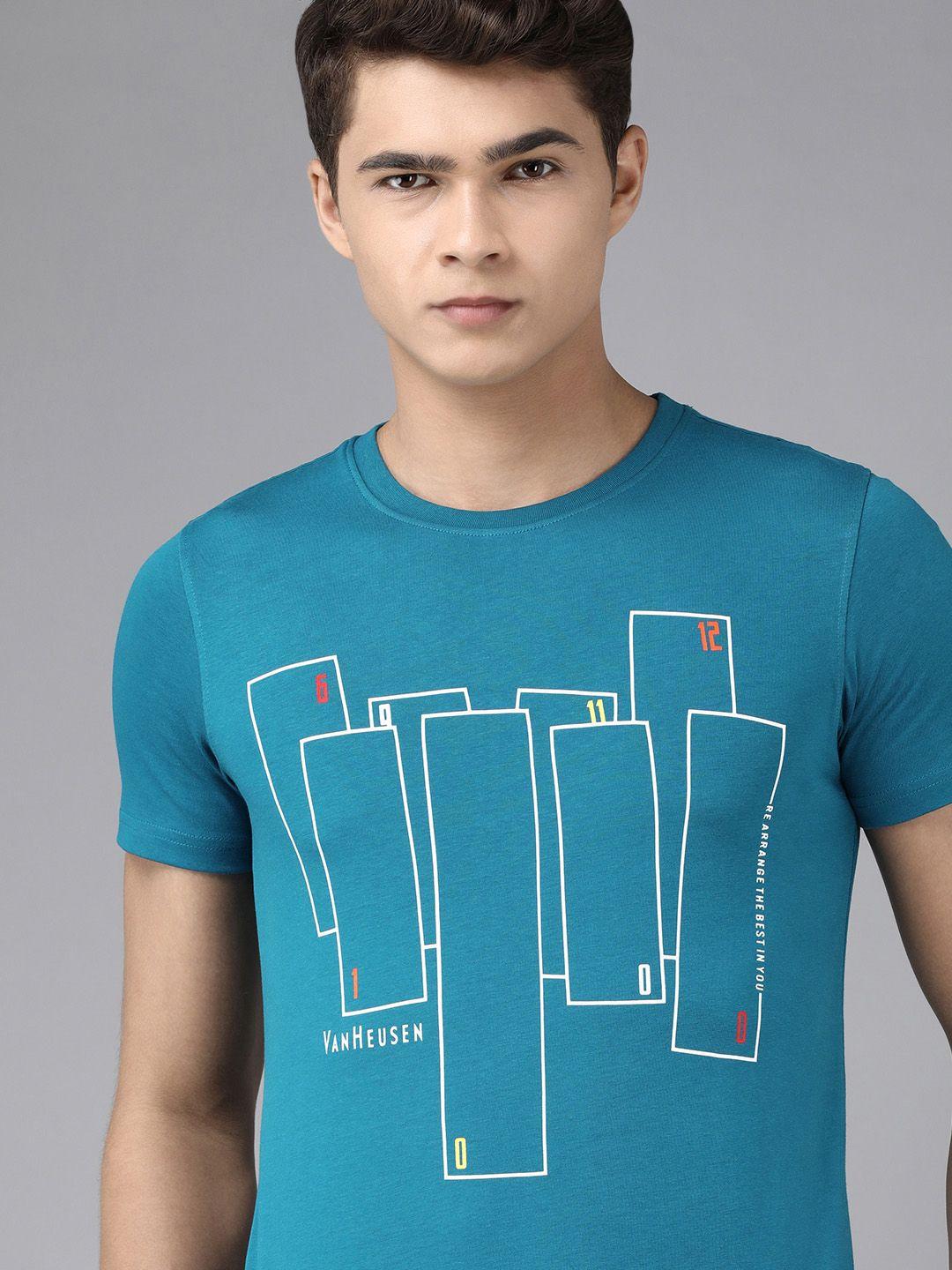 van heusen sport men teal blue graphic printed pure cotton casual t-shirt