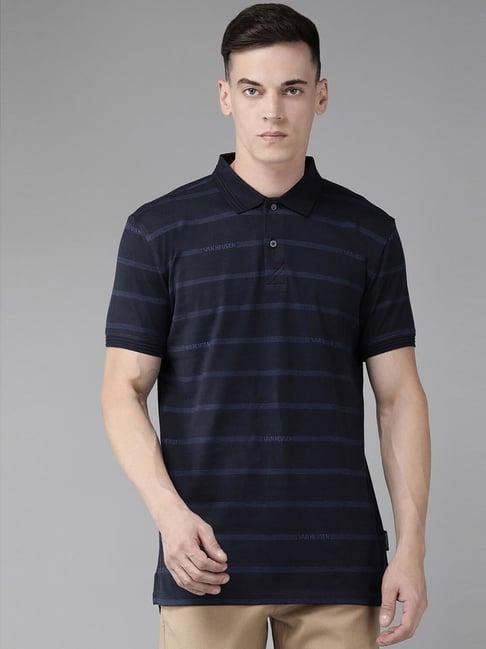 van heusen sport navy cotton regular fit striped polo t-shirt