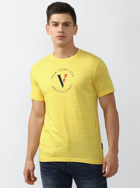 van heusen sport yellow cotton regular fit striped t-shirt