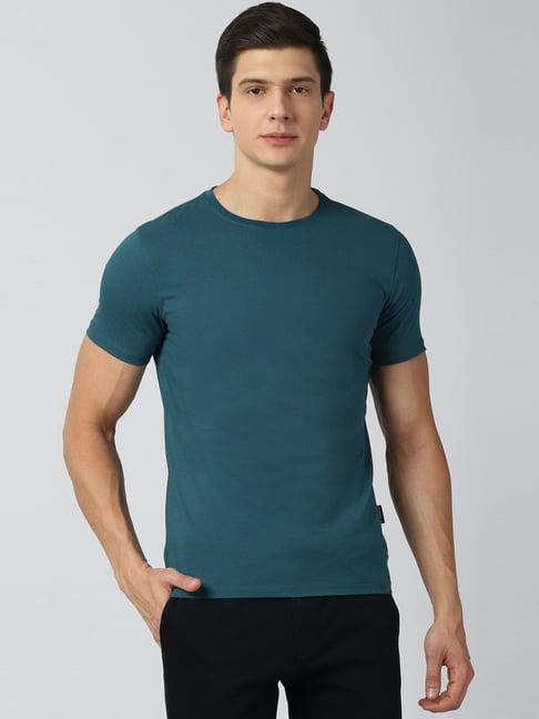 van heusen teal blue cotton slim fit printed t-shirt