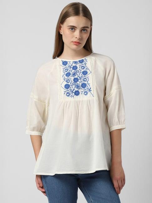 van heusen white & blue cotton embroidered tunic
