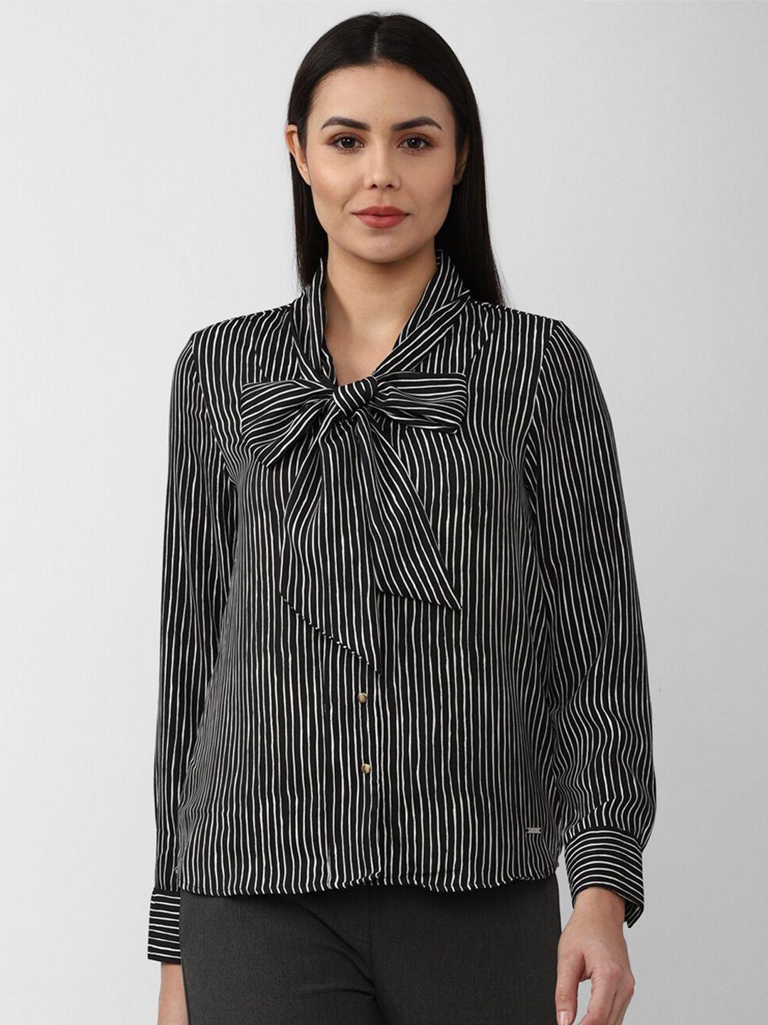 van heusen woman black striped tie-up neck shirt style top