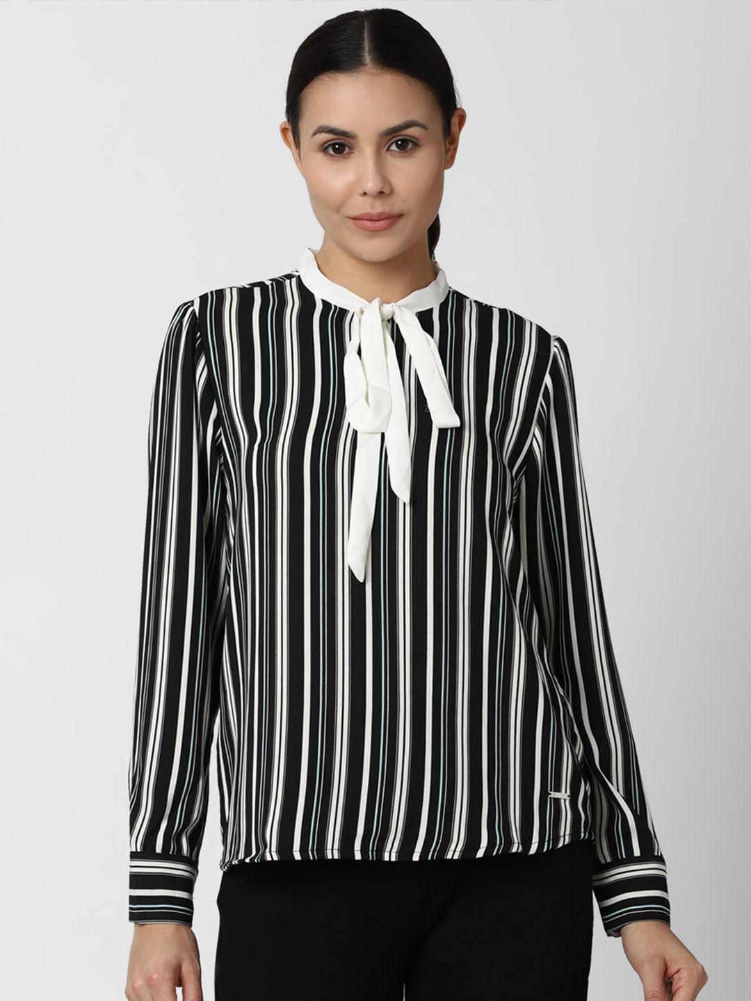 van heusen woman black striped tie-up neck top