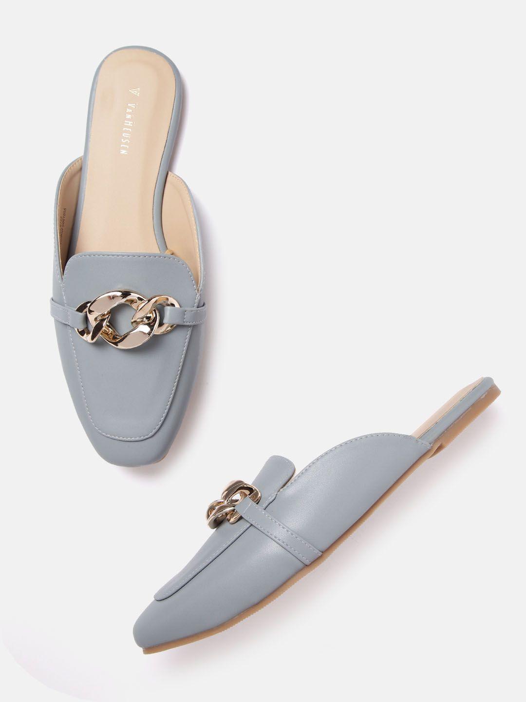 van heusen woman blue solid mules with chain detail