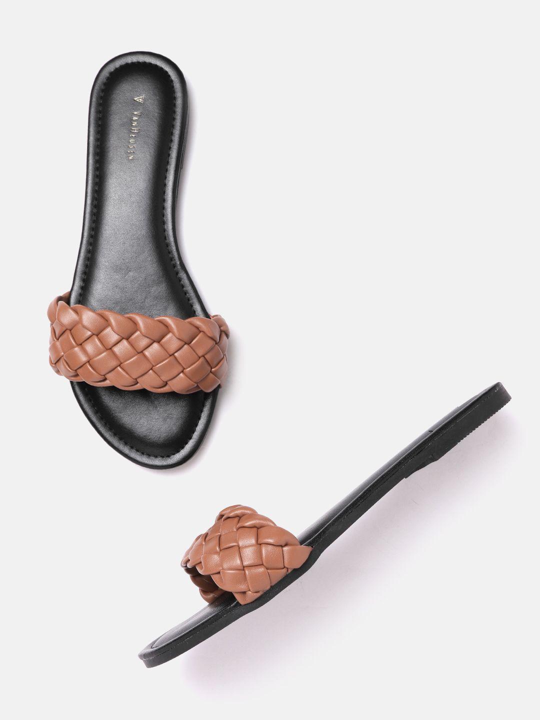 van heusen woman coffee brown braided woven design open toe flats