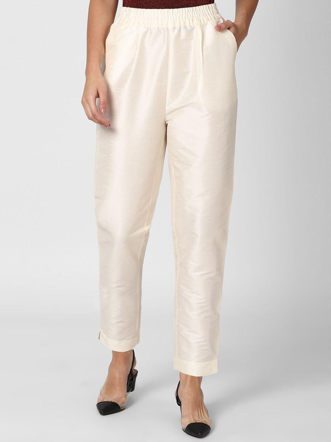 van heusen woman cream-coloured slim fit pleated trousers