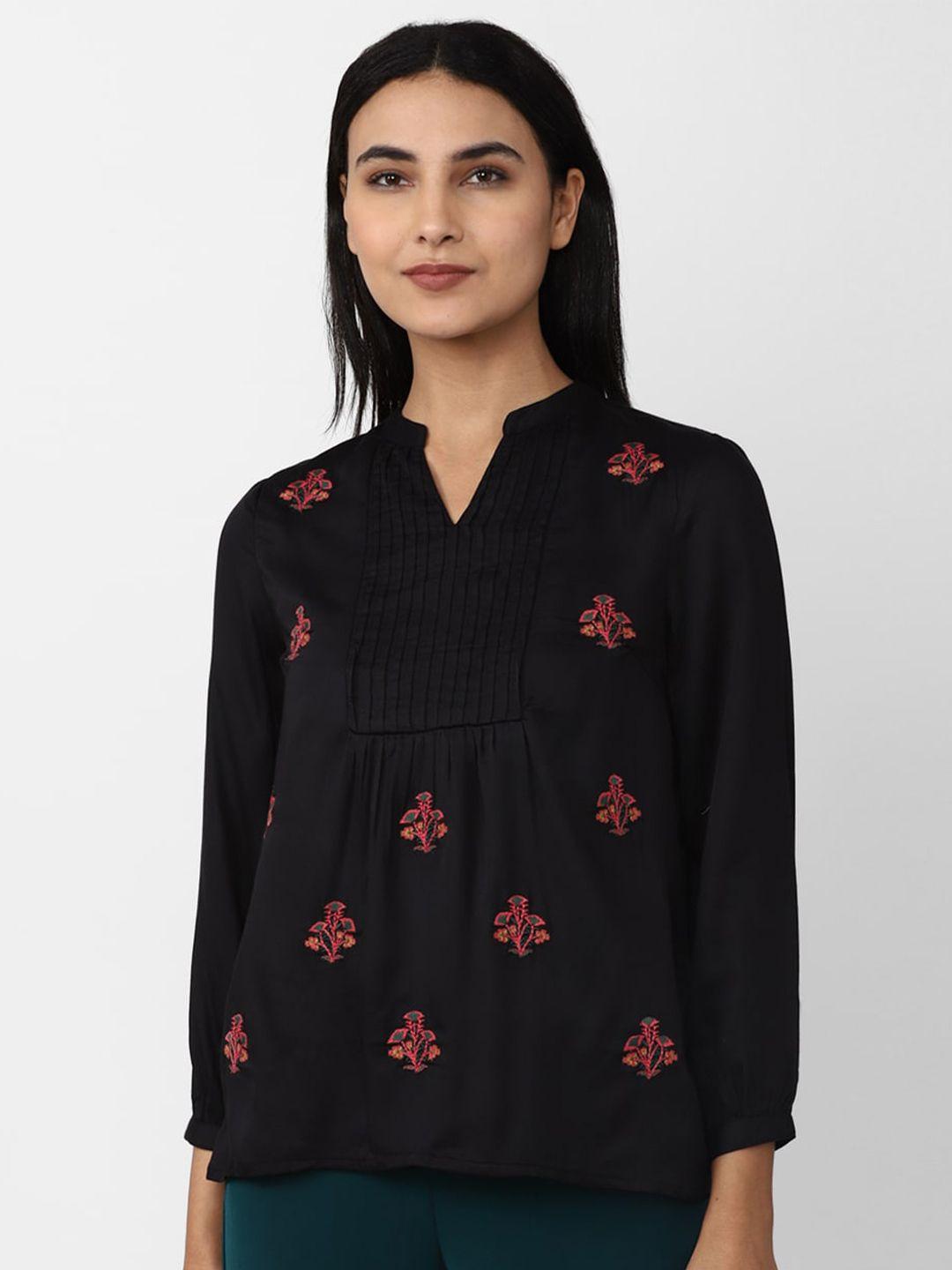 van heusen woman floral embroidered mandarin collar top