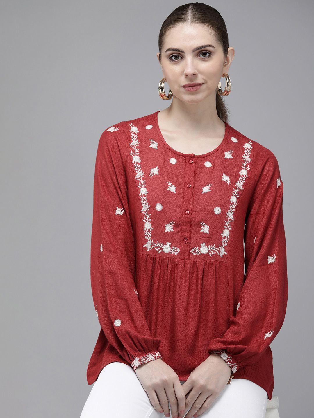 van heusen woman floral embroidered puff sleeve top