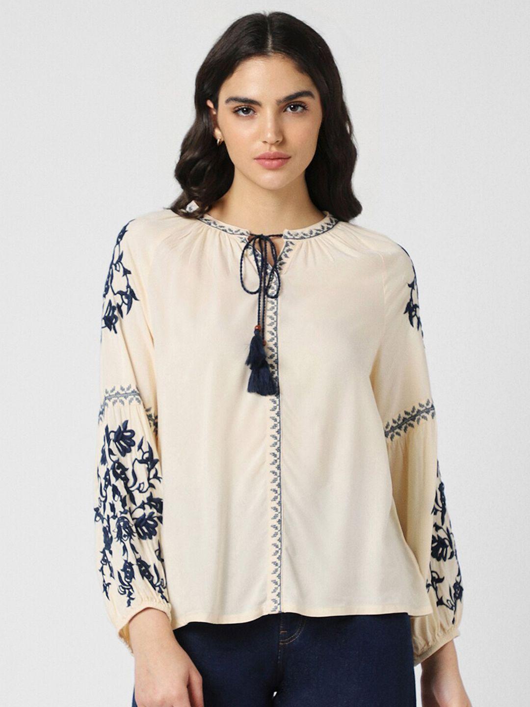 van heusen woman floral embroidered tie-up neck top