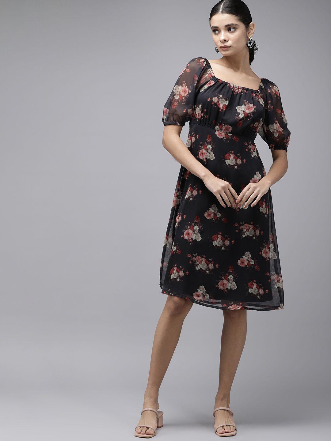 van heusen woman floral print puff sleeve chiffon a-line dress