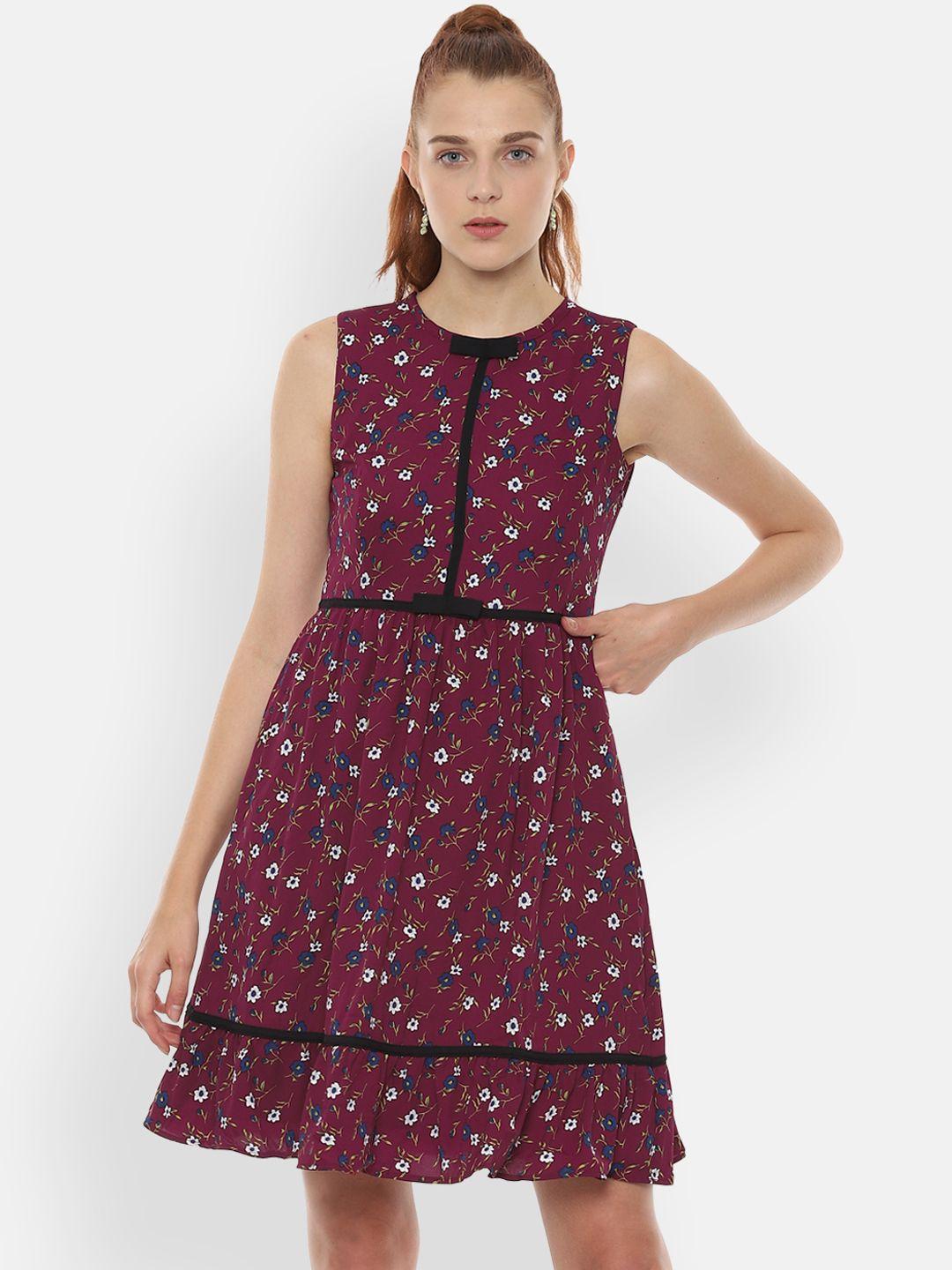 van heusen woman maroon printed fit and flare dress