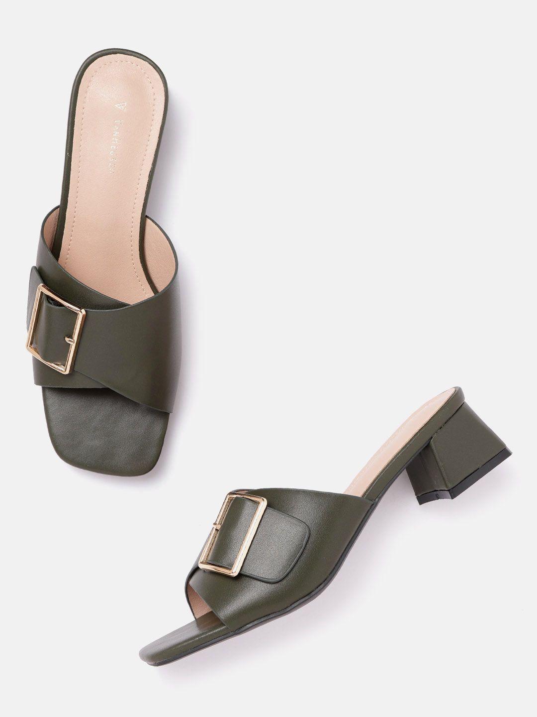 van heusen woman olive green solid block heels with buckle detail