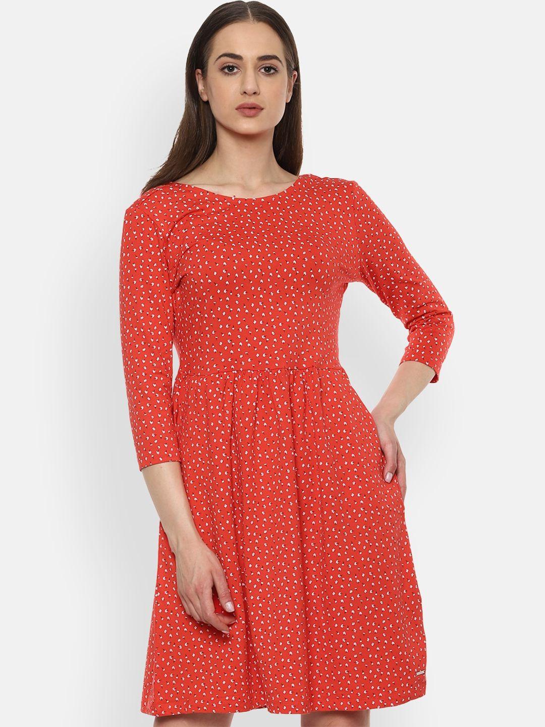 van heusen woman orange printed fit and flare dress