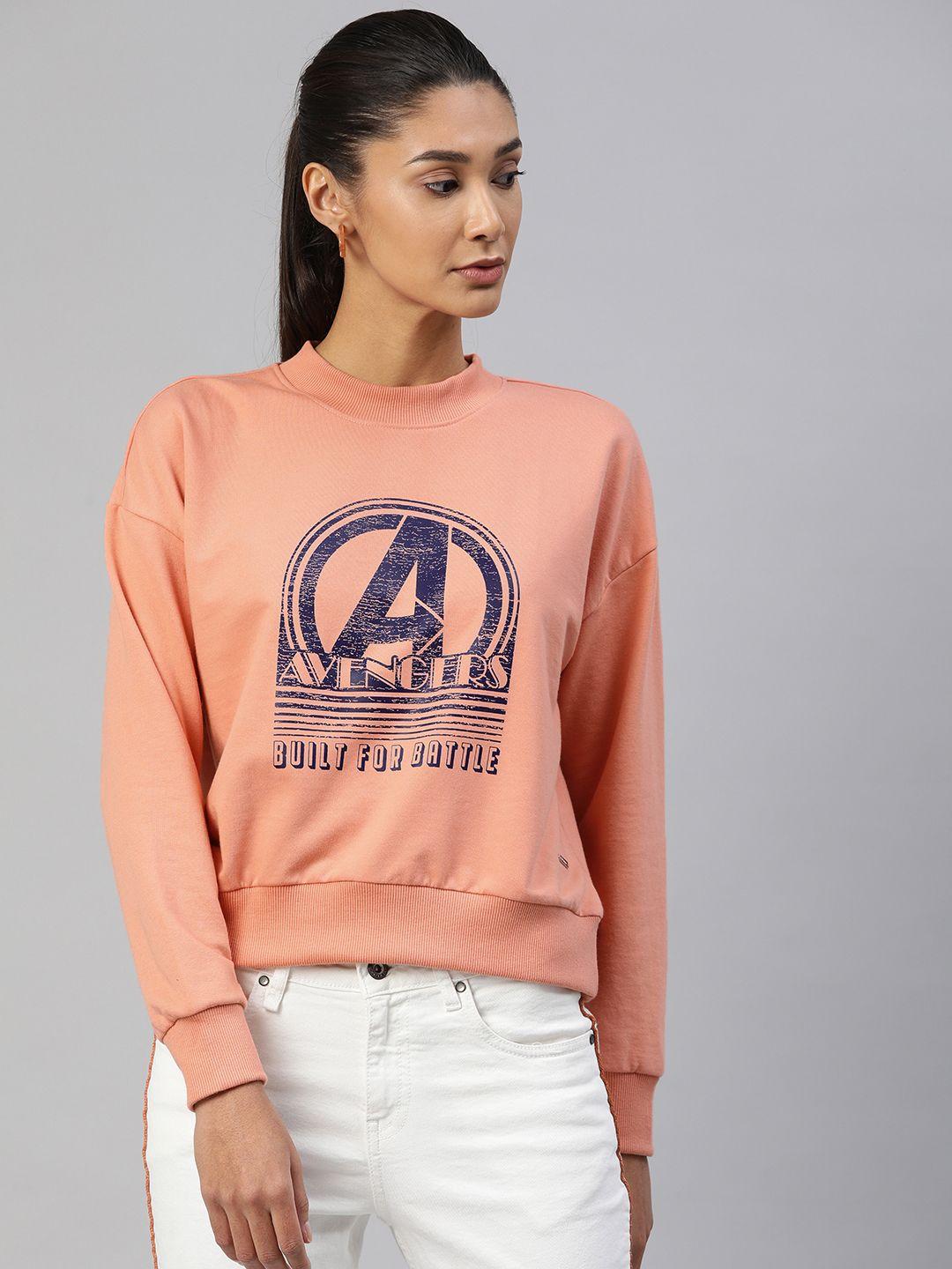 van heusen woman peach-coloured avengers printed pullover sweatshirt