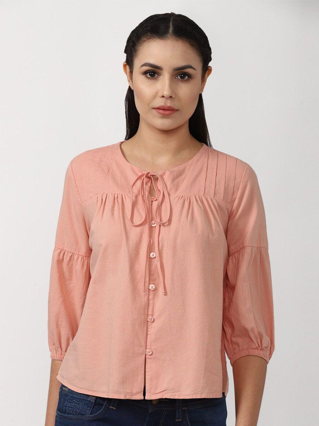 van heusen woman peach-coloured tie-up neck top